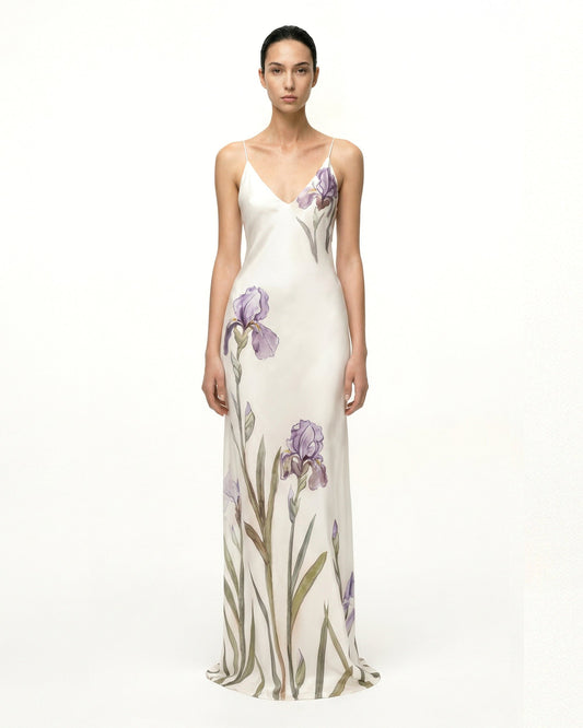 Iris Motifli Saten Slip (Askılı) Abiye Elbise - Beyaz