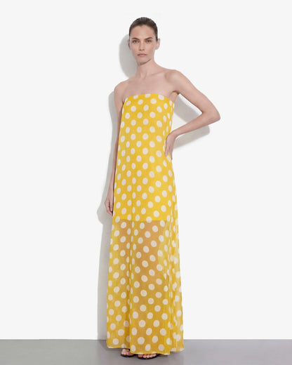 Puantiyeli Straplez (Askısız) Maxi Elbise - Sarı