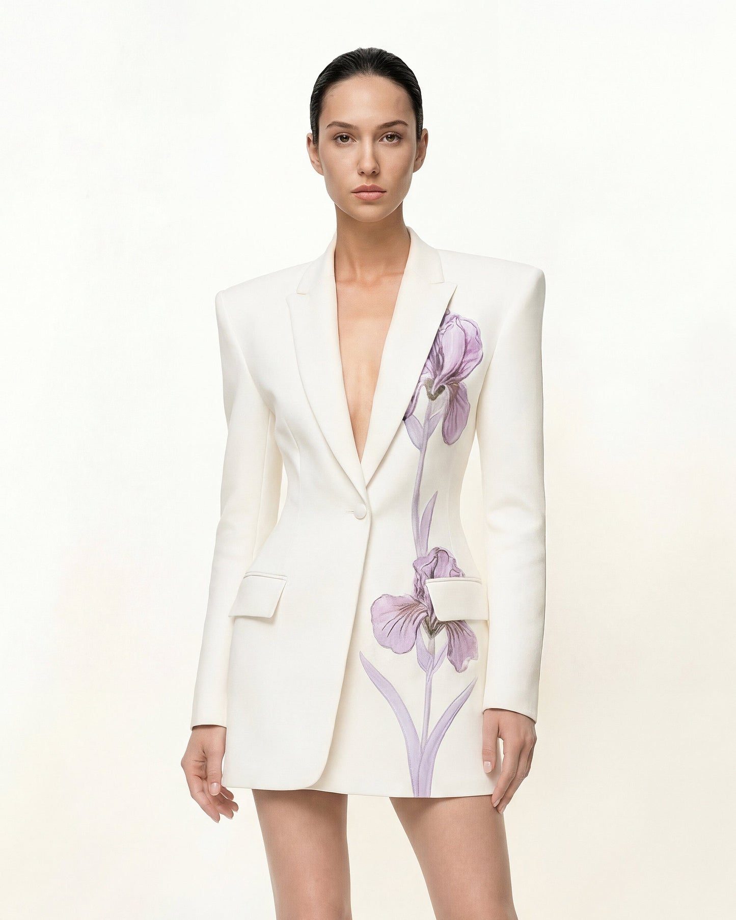 Iris Nakış Kum Saati Kesim Blazer Ceket - Beyaz