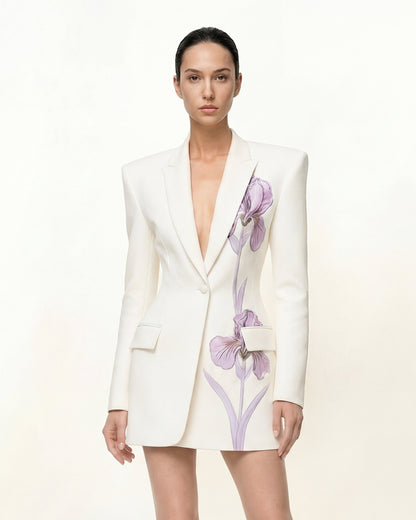 Iris Nakış Kum Saati Kesim Blazer Ceket - Beyaz