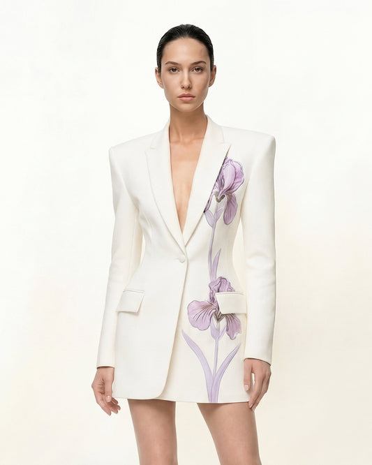 Iris Nakış Kum Saati Kesim Blazer Ceket - Beyaz