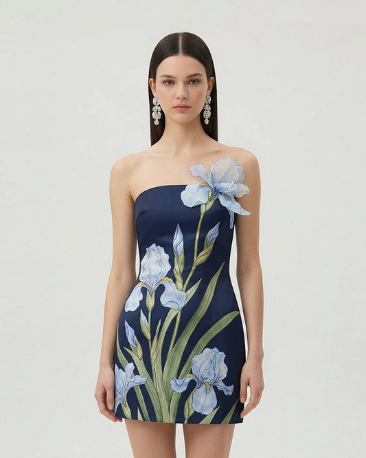 Çiçek Desenli Mini Elbise - Lacivert