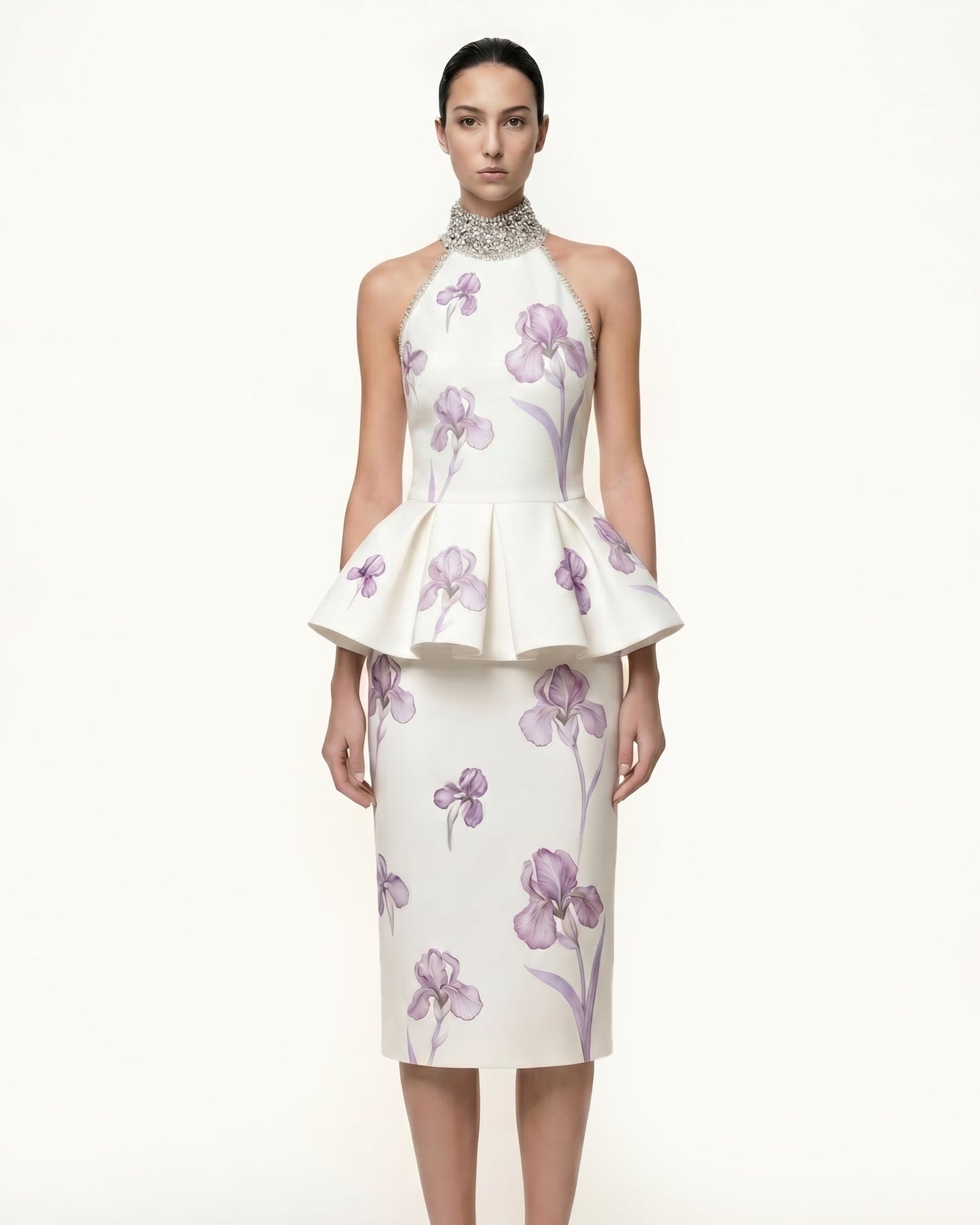 Iris Print High-Waisted Pencil Midi Skirt - White/Purple