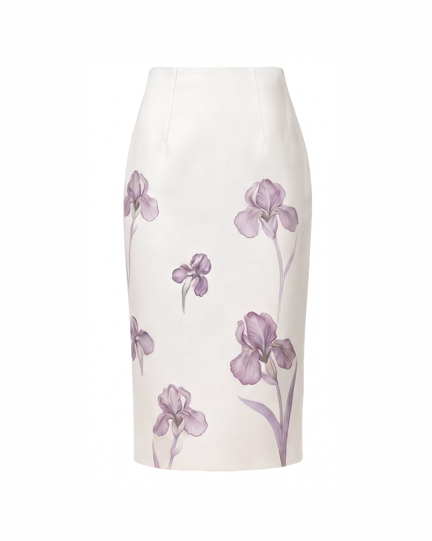 Iris Print High-Waisted Pencil Midi Skirt - White/Purple