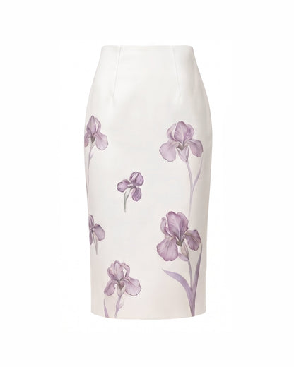 Iris Print High-Waisted Pencil Midi Skirt - White/Purple