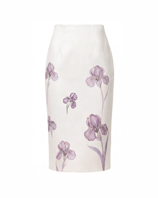 Iris Print High-Waisted Pencil Midi Skirt - White/Purple