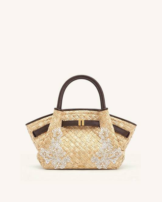 Hana Mini Faux Straw Beading Tote Bag - Brown