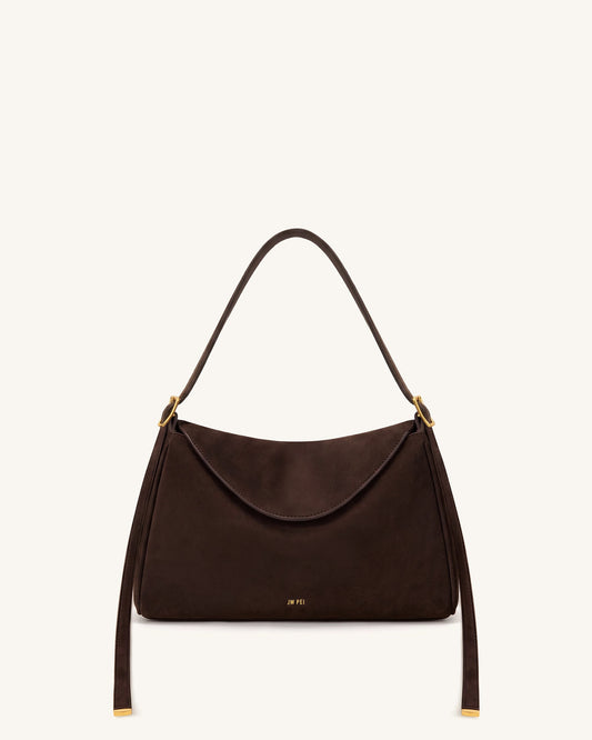Elowen Faux Suede Flap Shoulder Bag - Dark Brown