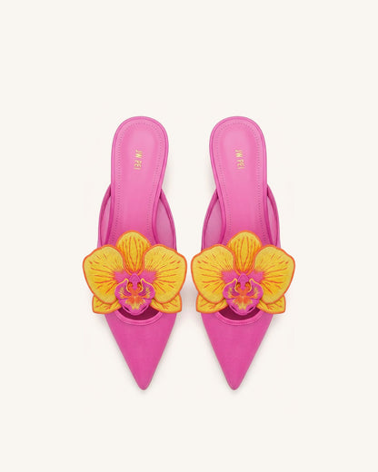 Helena Embroidery Decoration Pierced Mules - Rose Red