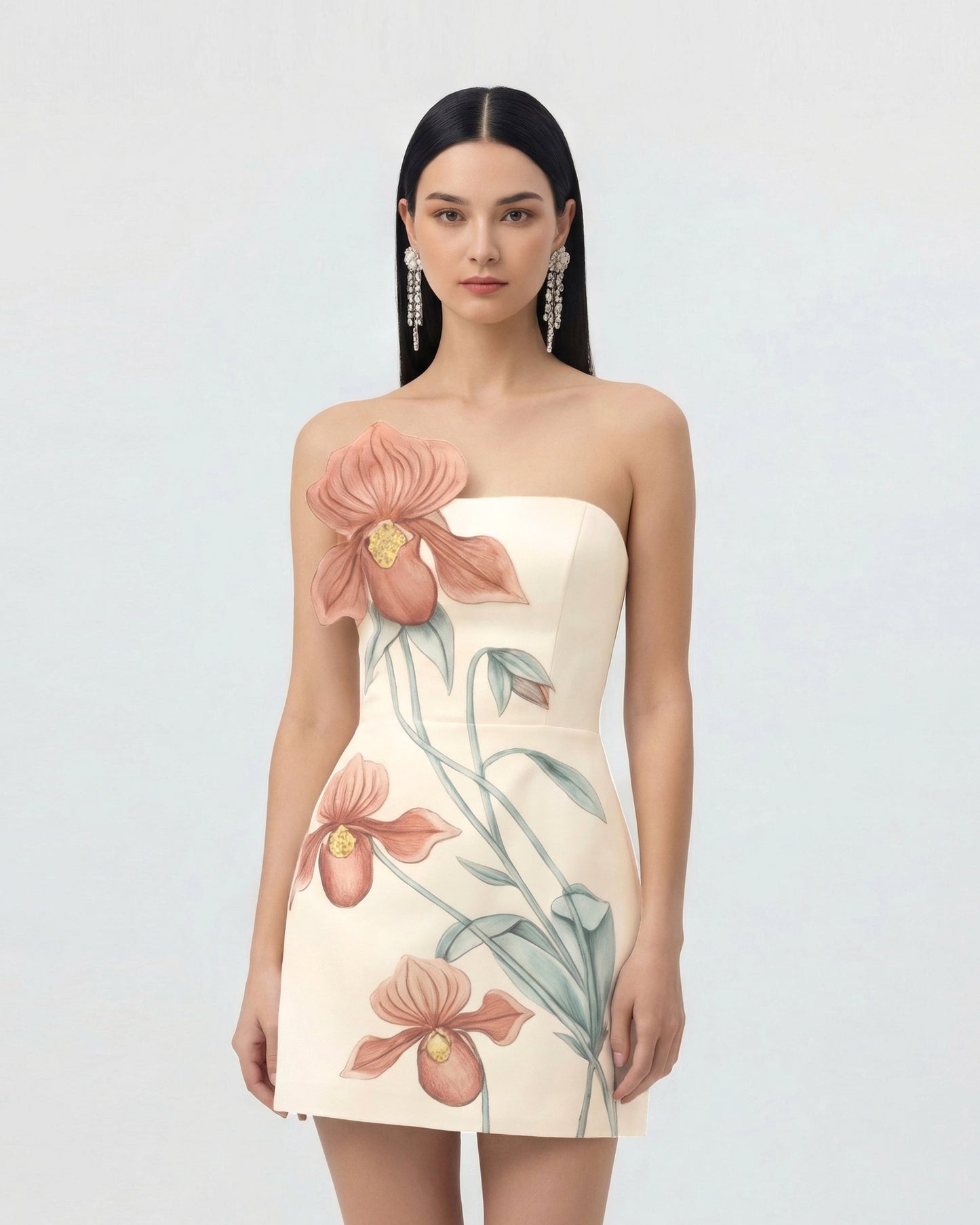 Terlik Orkide Aplikeli Mini Elbise - Ivory/Peach Pembe
