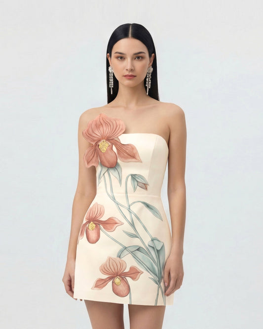 Terlik Orkide Aplikeli Mini Elbise - Ivory/Peach Pembe