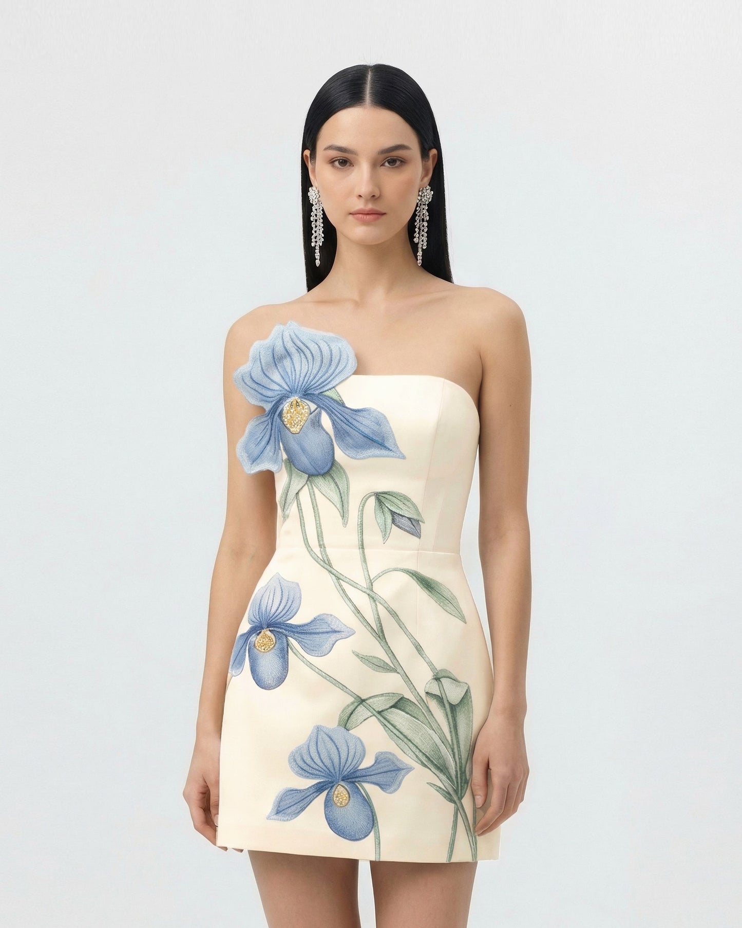 Terlik Orkide Aplikeli Mini Elbise - Ivory/Blue