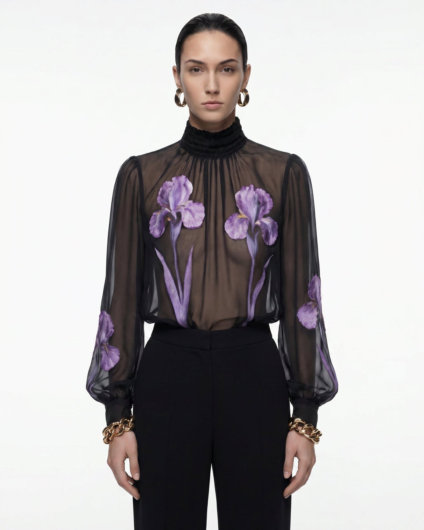 Iris Desenli Transparan Balıkçı Yaka Bluz - Black/Purple