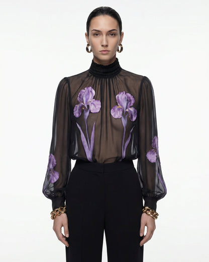 Iris Desenli Transparan Balıkçı Yaka Bluz - Black/Purple