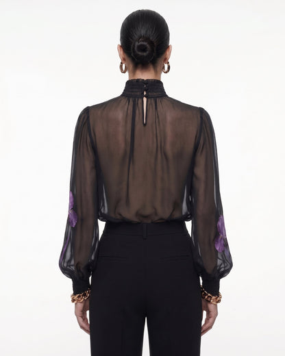 Iris Desenli Transparan Balıkçı Yaka Bluz - Black/Purple