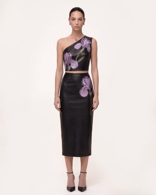 Iris Floral-Print High Waist Pencil Leather Midi Skirt - Black