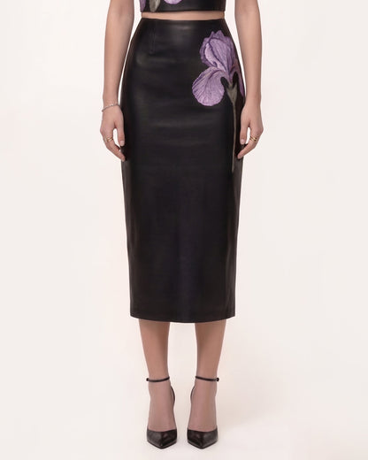 Iris Floral-Print High Waist Pencil Leather Midi Skirt - Black