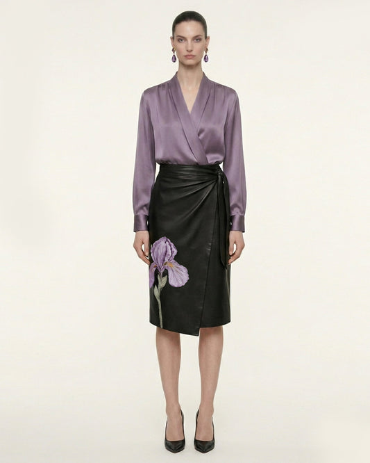Satin Wrap V Neck Long Sleeve Blouse - Dusty Mauve