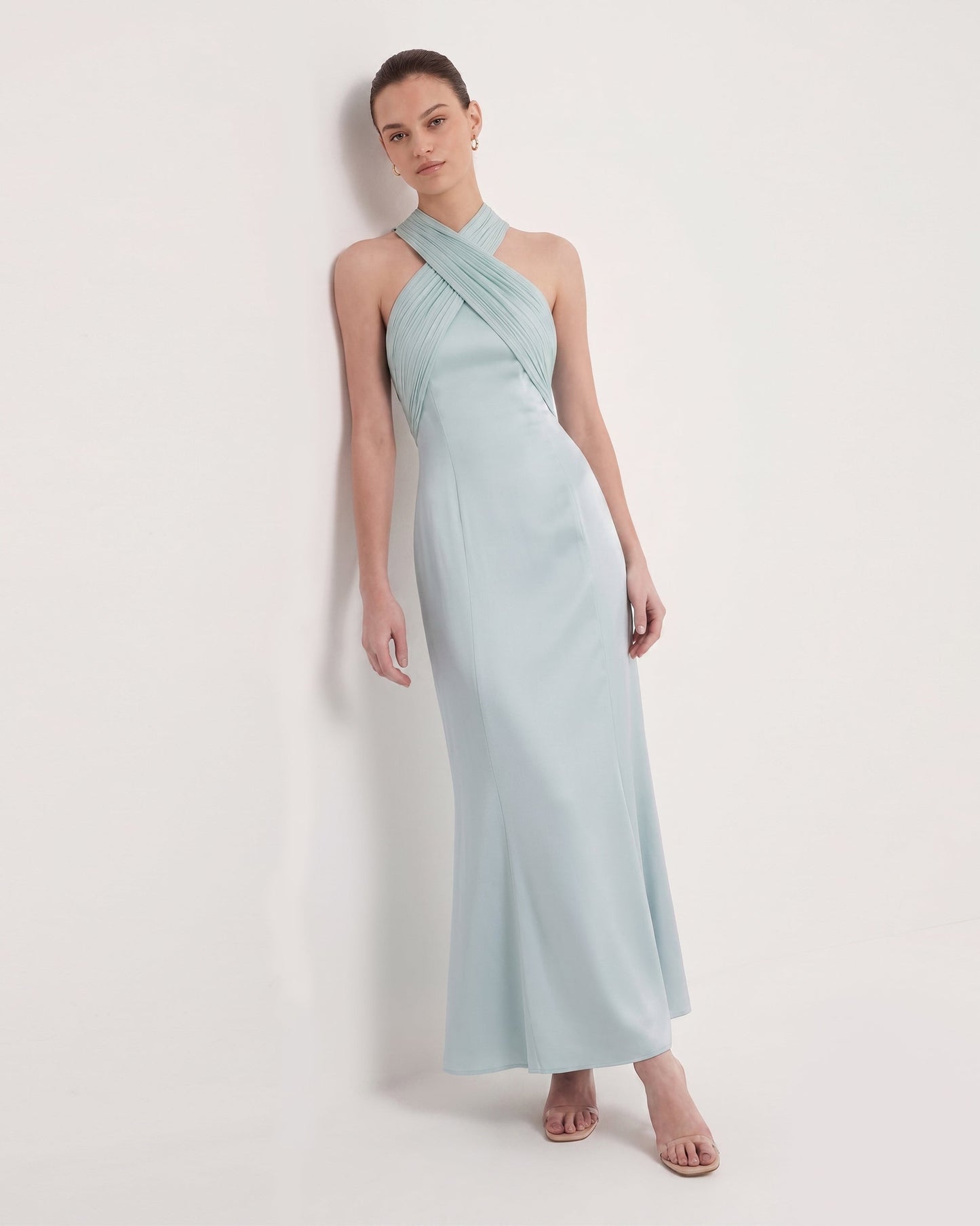 Pilili Çapraz Halter Saten Maxi Elbise - Pastel Mavi