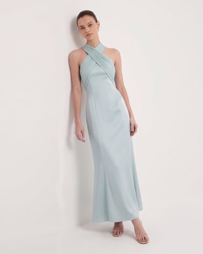 Pilili Çapraz Halter Saten Maxi Elbise - Pastel Mavi