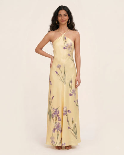 Iris Desenli Çapraz Halter Sırtı Açık Maxi Elbise - Sarı