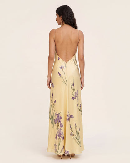 Iris Desenli Çapraz Halter Sırtı Açık Maxi Elbise - Sarı