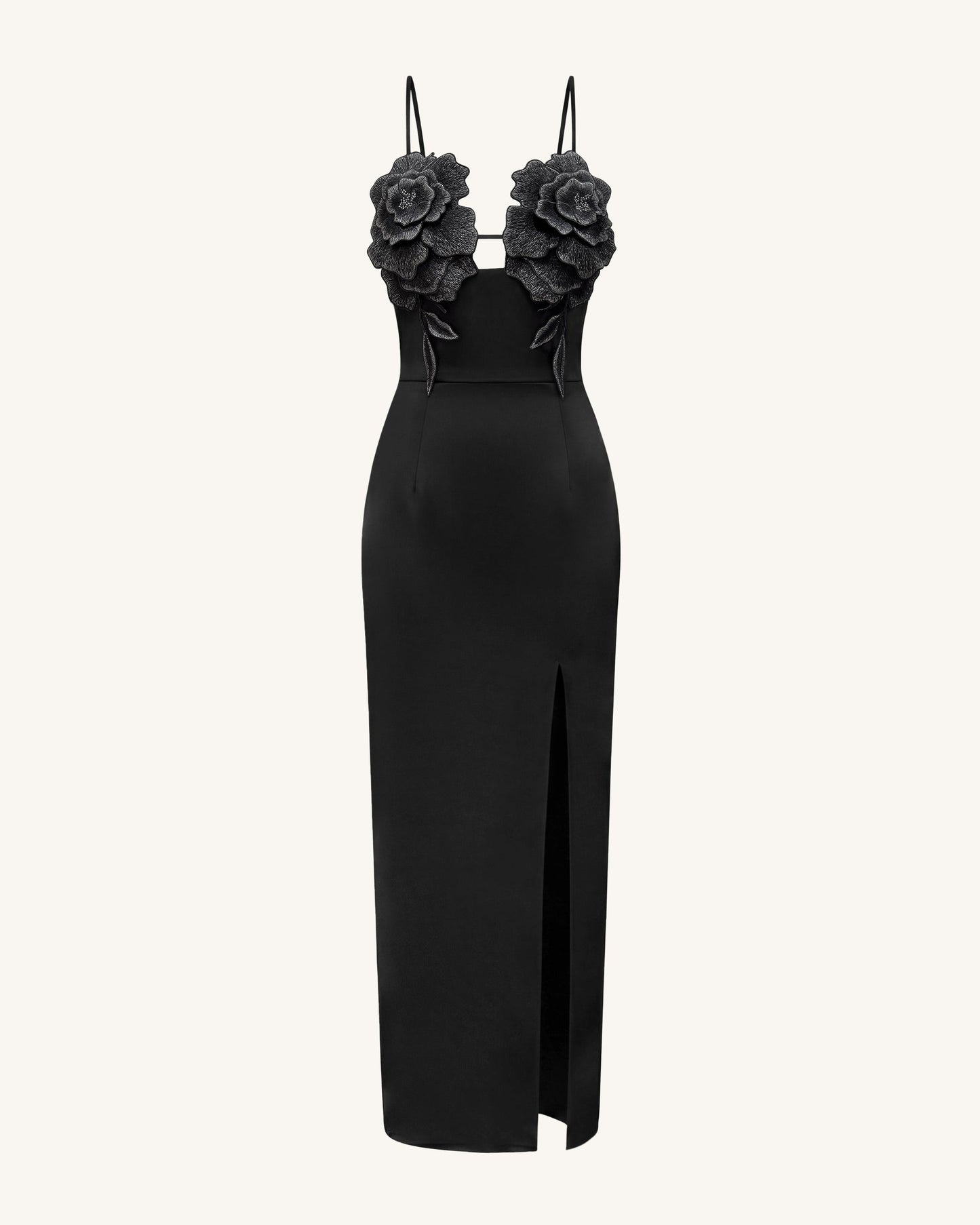 3D Floral Strappy Maxi Dress - Black
