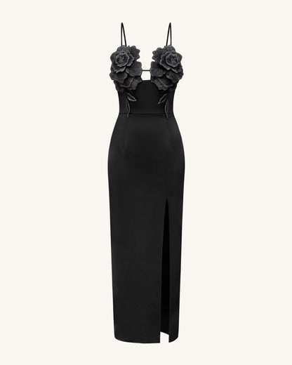 3D Floral Strappy Maxi Dress - Black