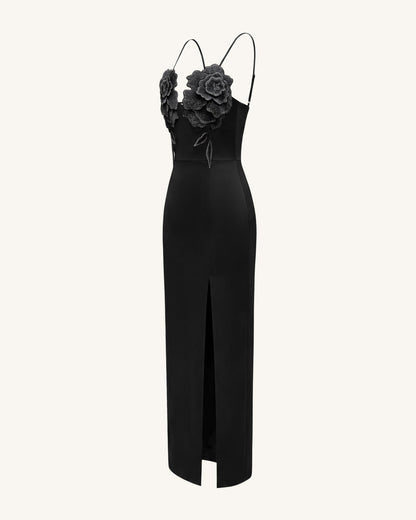 3D Floral Strappy Maxi Dress - Black