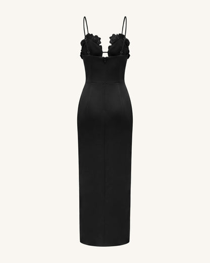 3D Floral Strappy Maxi Dress - Black