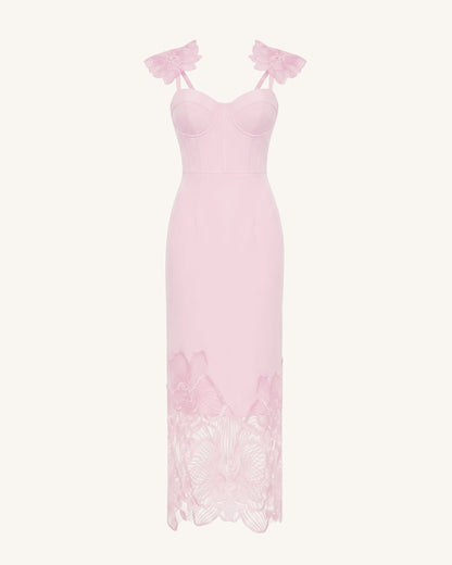 Orkide Nakışlı Korse Model Elbise - Pastel Gül Kurusu