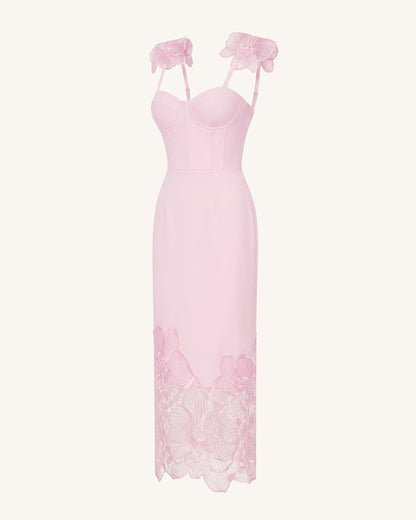 Orkide Nakışlı Korse Model Elbise - Pastel Gül Kurusu