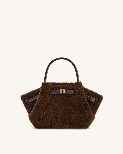 Hana Mini Suni Kürk Tote Çanta - Koyu Kahverengi
