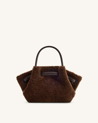Hana Mini Suni Kürk Tote Çanta - Koyu Kahverengi