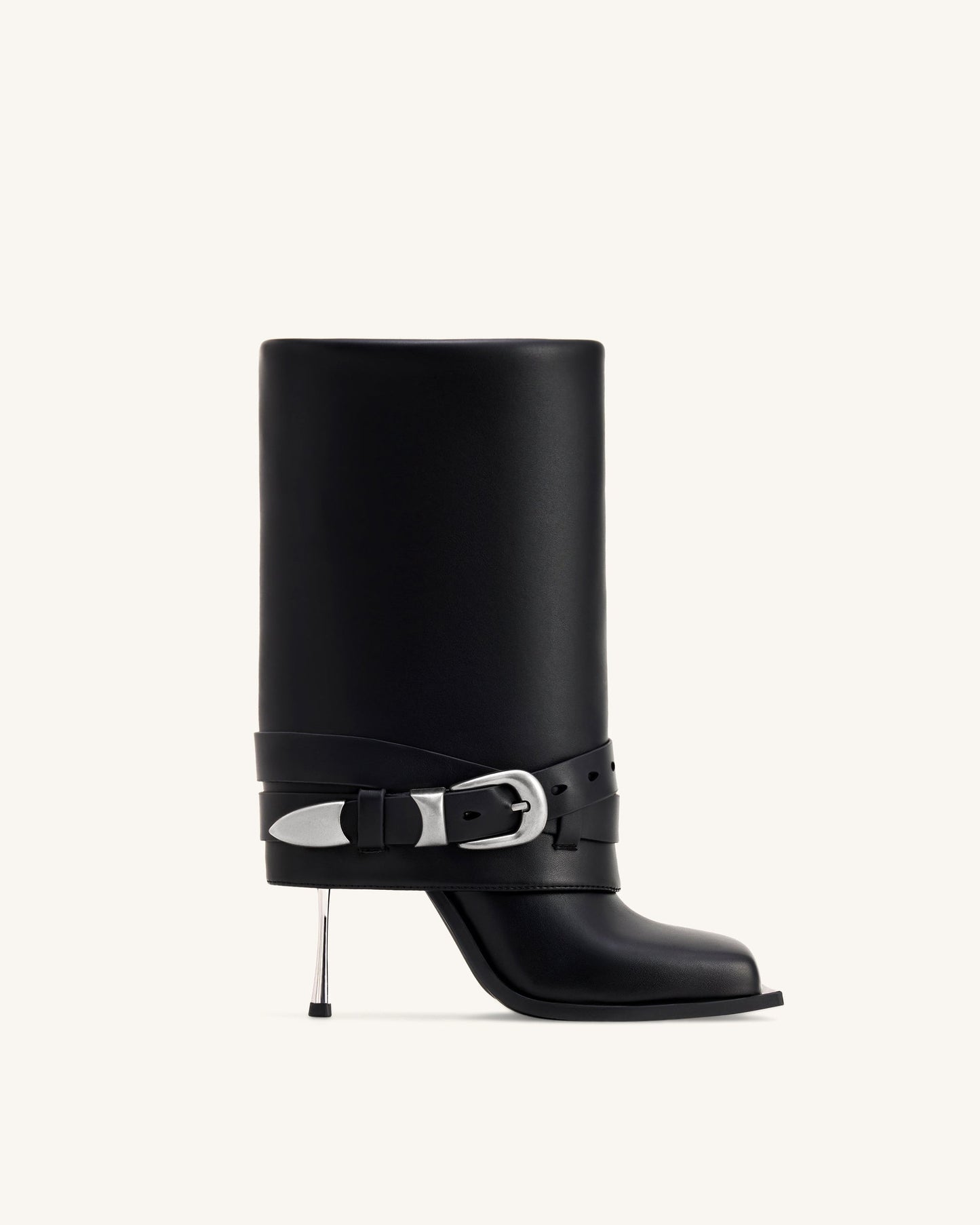 Emilia Western Buckled Leather Stiletto Boots - Black