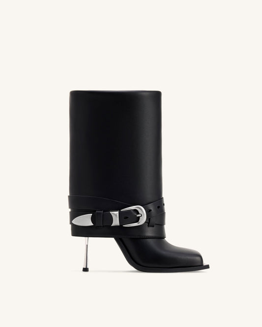 Emilia Western Buckled Leather Stiletto Boots - Black