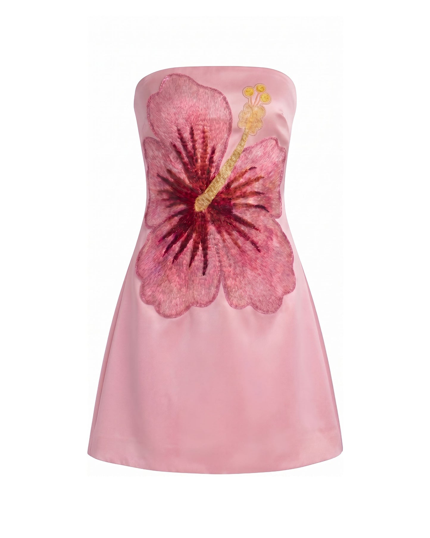 Hibiscus Nakışlı Bandeau Mini Elbise - Pembe