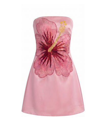 Hibiscus Nakışlı Bandeau Mini Elbise - Pembe