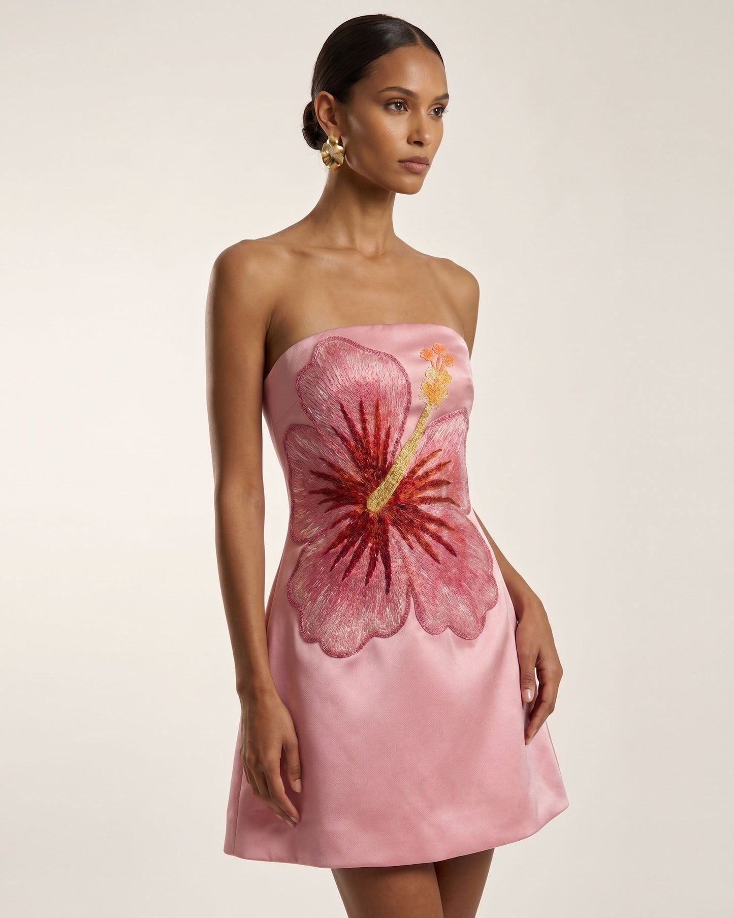 Hibiscus Nakışlı Bandeau Mini Elbise - Pembe