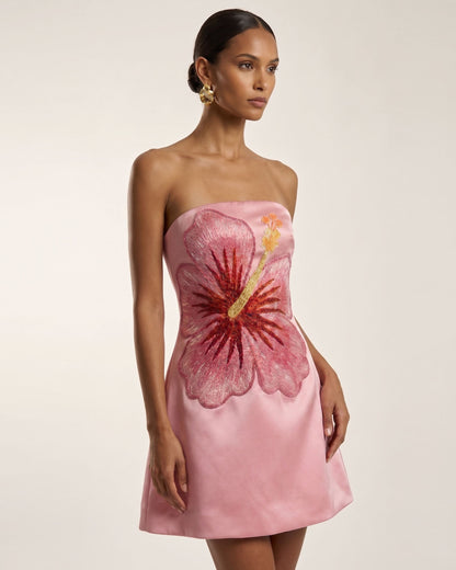 Hibiscus Nakışlı Bandeau Mini Elbise - Pembe