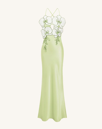 Orkide Nakışlı Elbise - Açık Green/Ivory