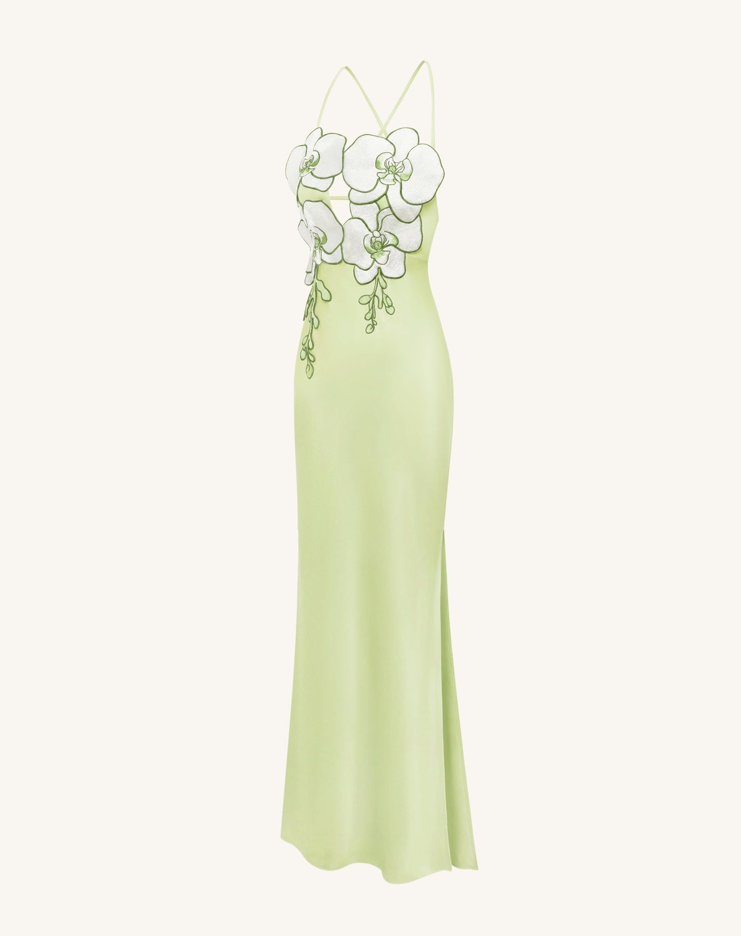 Orkide Nakışlı Elbise - Açık Green/Ivory