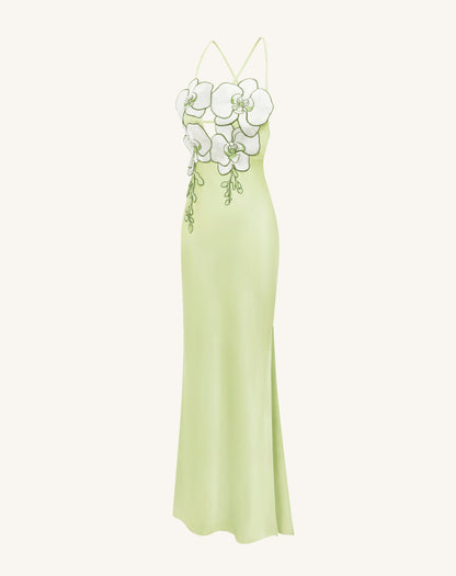 Orkide Nakışlı Elbise - Açık Green/Ivory