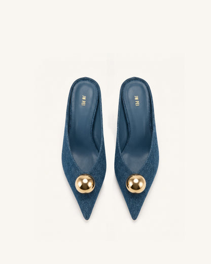 Helena Gold Sphere Pointed Toe Mules - Denim Blue