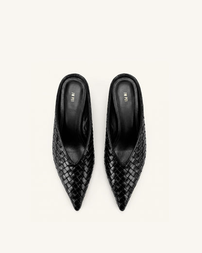 Helena Woven Textured Pointed Toe Mules - Black