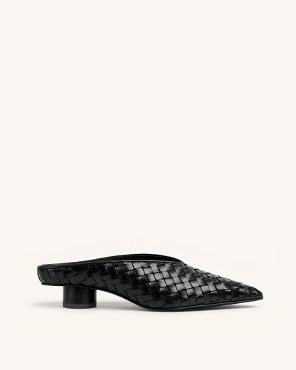 Helena Woven Textured Pointed Toe Mules - Black