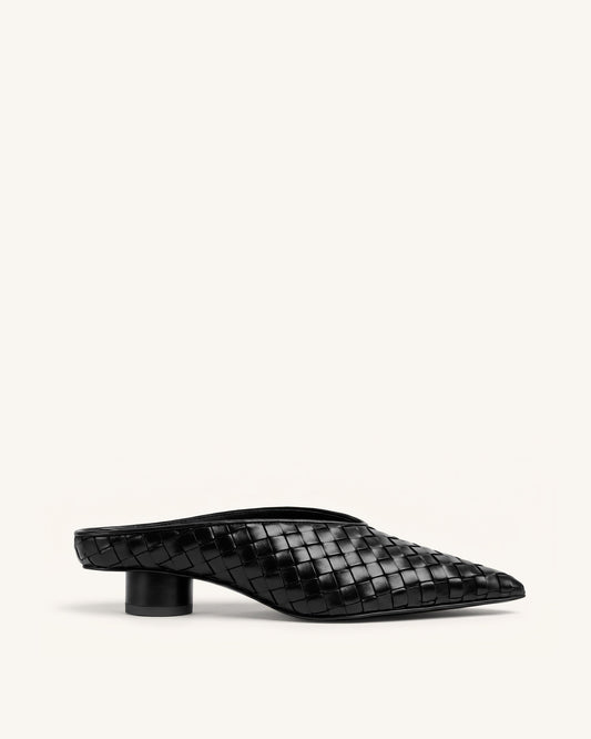 Helena Woven Textured Pointed Toe Mules - Black