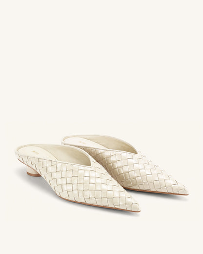 Helena Woven Textured Pointed Toe Mules - Beige