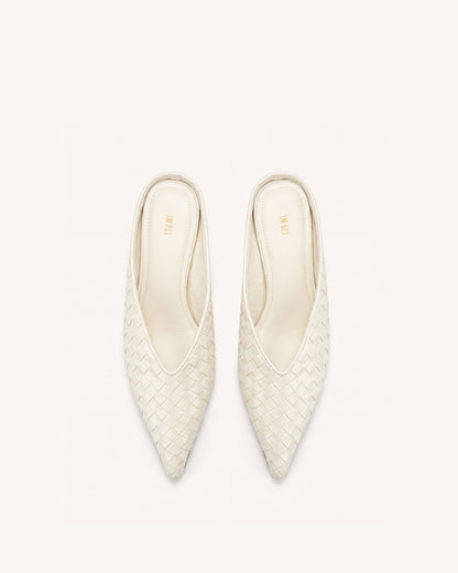 Helena Woven Textured Pointed Toe Mules - Beige