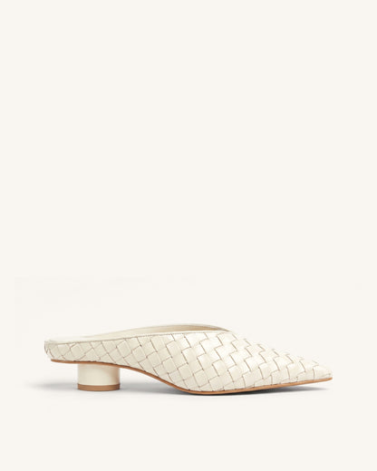 Helena Woven Textured Pointed Toe Mules - Beige